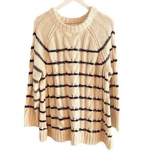 J. Jill Cable Knit Sweater XL Cream Blue Thick Warm Cozy Fisherman Winter Fall